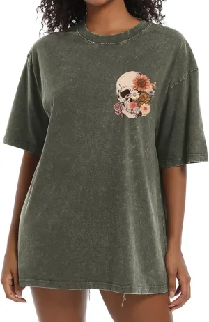 Bobeutou Oversized Vintage T Shirts for Women Skull Shirts Skeleton Gothic Graphic Acid Wash Tshirts Baggy Tee Crew Neck Tops