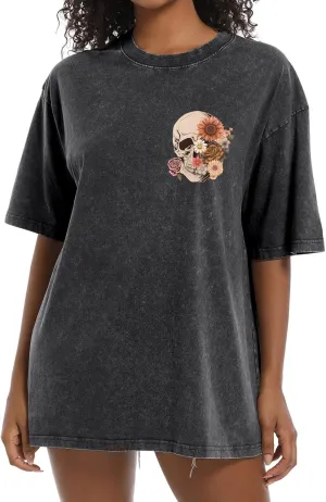 Bobeutou Oversized Vintage T Shirts for Women Skull Shirts Skeleton Gothic Graphic Acid Wash Tshirts Baggy Tee Crew Neck Tops