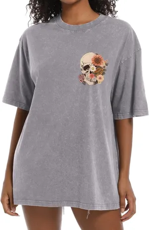 Bobeutou Oversized Vintage T Shirts for Women Skull Shirts Skeleton Gothic Graphic Acid Wash Tshirts Baggy Tee Crew Neck Tops