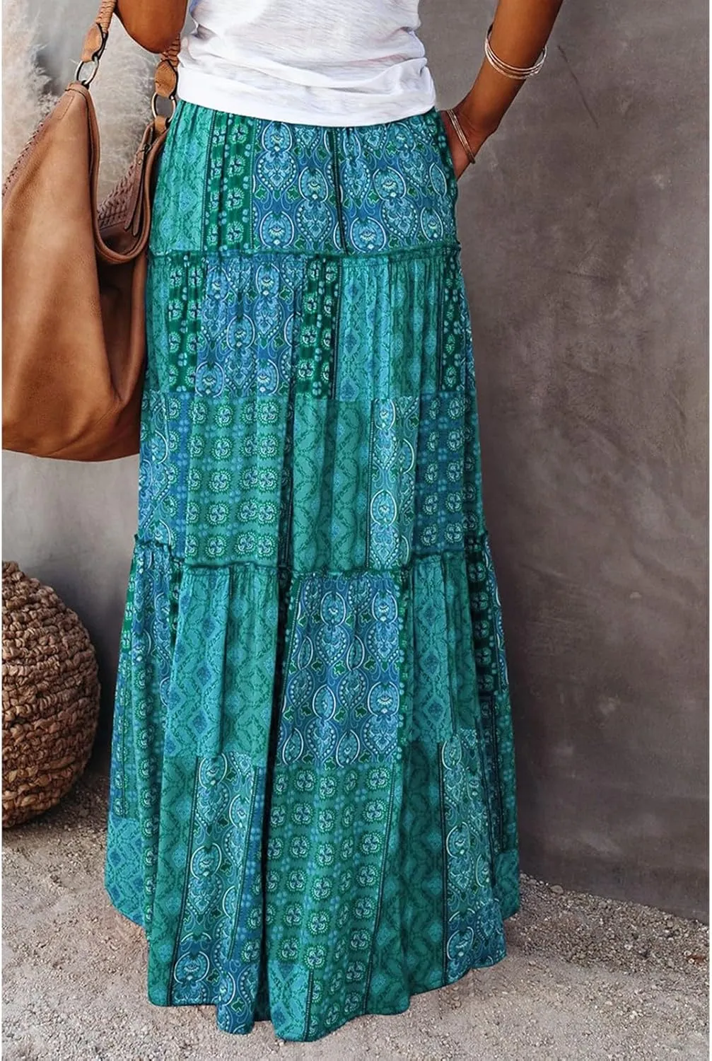Boho Skirt for Women High Waist A Line Flowy Tiered Skirts Summer Floral Pleated Ruffle Long Maxi Skirt with Pockets
