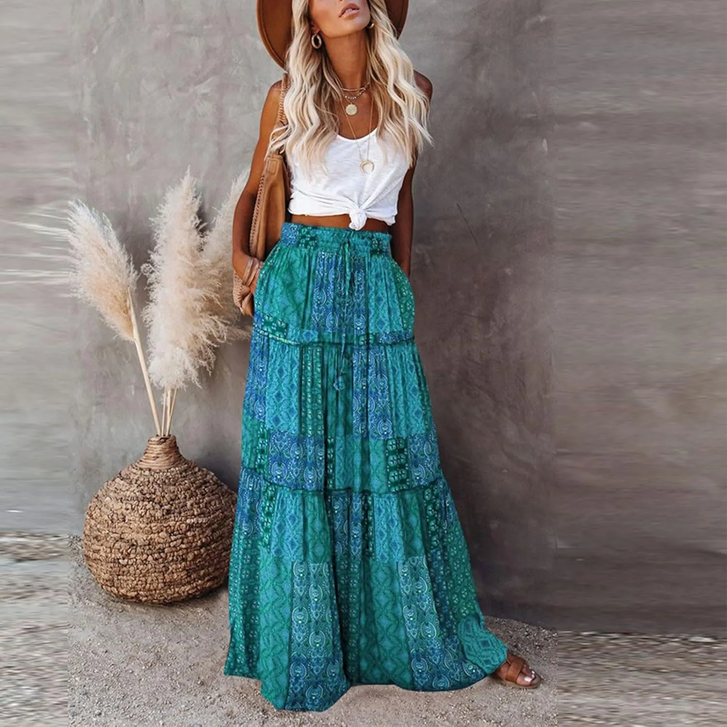 Boho Skirt for Women High Waist A Line Flowy Tiered Skirts Summer Floral Pleated Ruffle Long Maxi Skirt with Pockets