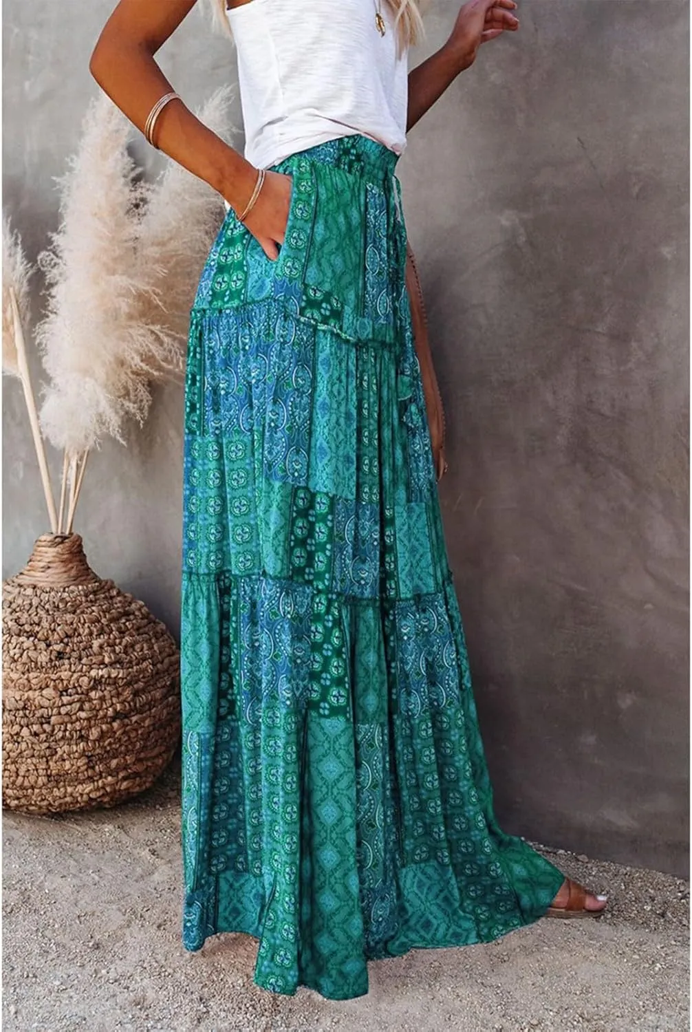 Boho Skirt for Women High Waist A Line Flowy Tiered Skirts Summer Floral Pleated Ruffle Long Maxi Skirt with Pockets