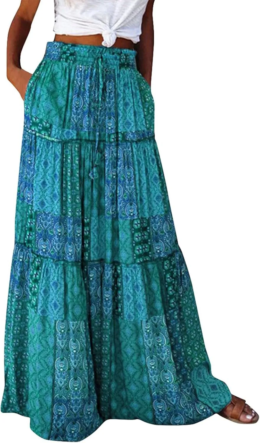 Boho Skirt for Women High Waist A Line Flowy Tiered Skirts Summer Floral Pleated Ruffle Long Maxi Skirt with Pockets