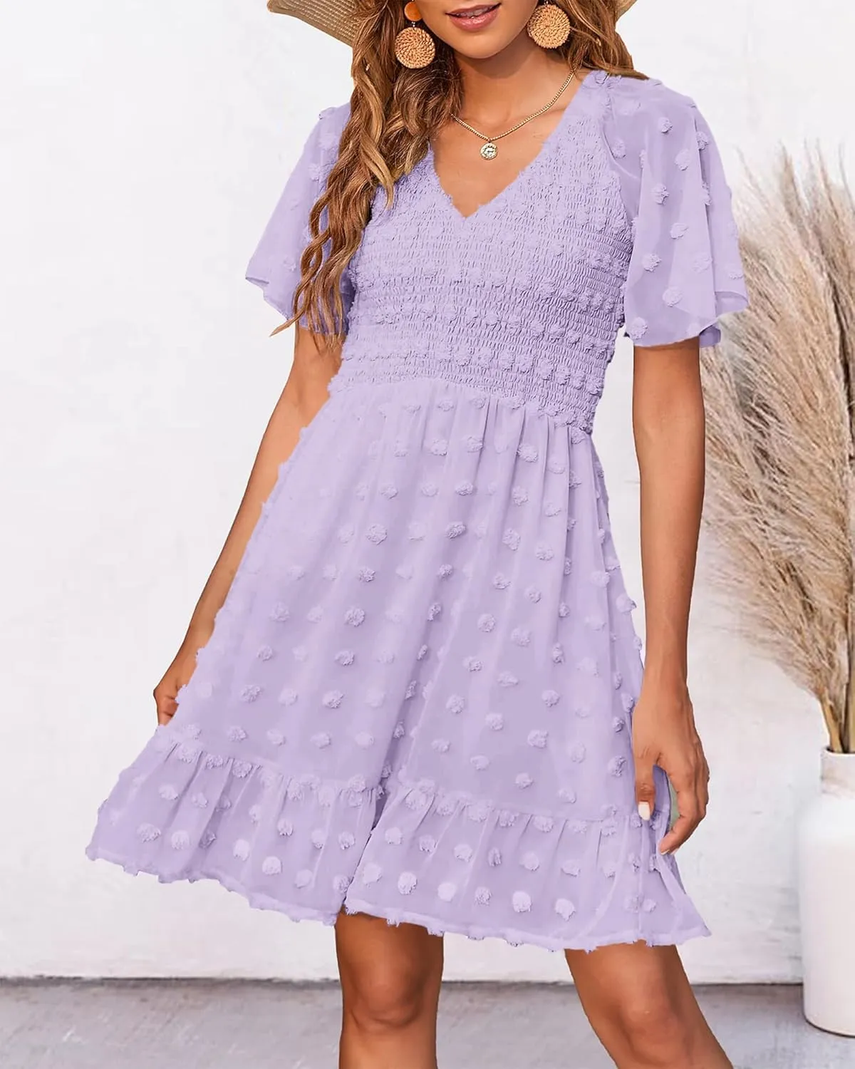 BTFBM Womens Beach Vacation Dress V Neck Short Sleeve Smocked Swiss Dot Casual Ruffle Mini Spring Summer Dresses 2025