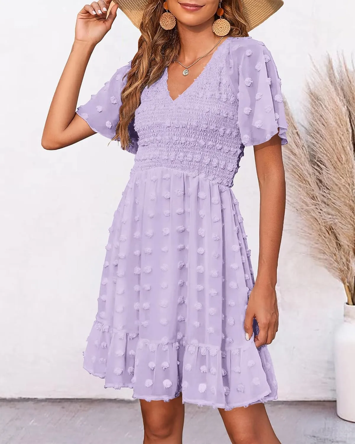 BTFBM Womens Beach Vacation Dress V Neck Short Sleeve Smocked Swiss Dot Casual Ruffle Mini Spring Summer Dresses 2025