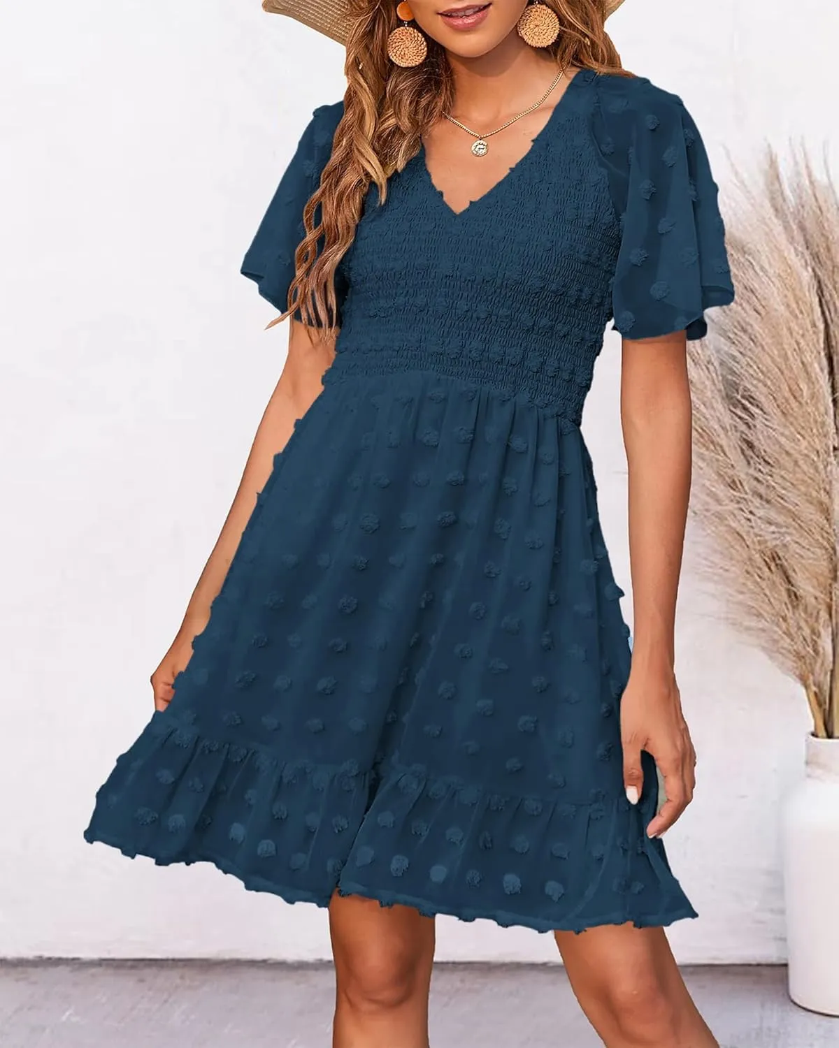 BTFBM Womens Beach Vacation Dress V Neck Short Sleeve Smocked Swiss Dot Casual Ruffle Mini Spring Summer Dresses 2025