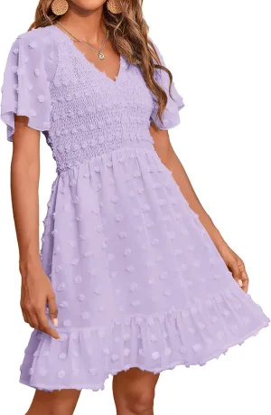 BTFBM Womens Beach Vacation Dress V Neck Short Sleeve Smocked Swiss Dot Casual Ruffle Mini Spring Summer Dresses 2025