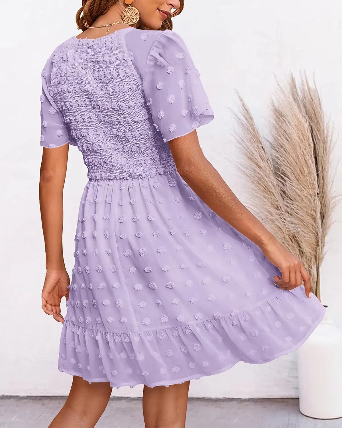BTFBM Womens Beach Vacation Dress V Neck Short Sleeve Smocked Swiss Dot Casual Ruffle Mini Spring Summer Dresses 2025