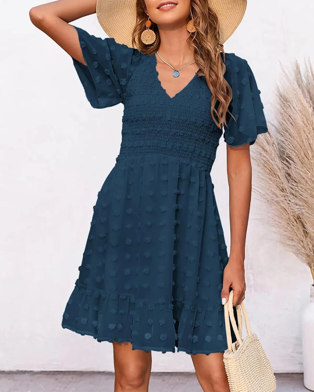 BTFBM Womens Beach Vacation Dress V Neck Short Sleeve Smocked Swiss Dot Casual Ruffle Mini Spring Summer Dresses 2025