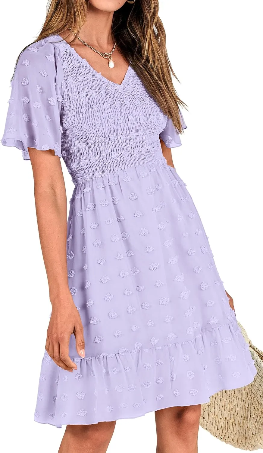 BTFBM Womens Beach Vacation Dress V Neck Short Sleeve Smocked Swiss Dot Casual Ruffle Mini Spring Summer Dresses 2025