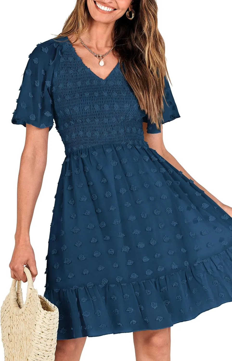 BTFBM Womens Beach Vacation Dress V Neck Short Sleeve Smocked Swiss Dot Casual Ruffle Mini Spring Summer Dresses 2025