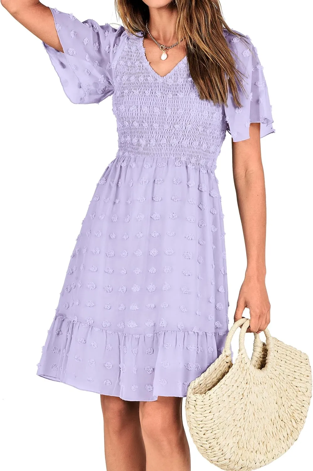 BTFBM Womens Beach Vacation Dress V Neck Short Sleeve Smocked Swiss Dot Casual Ruffle Mini Spring Summer Dresses 2025