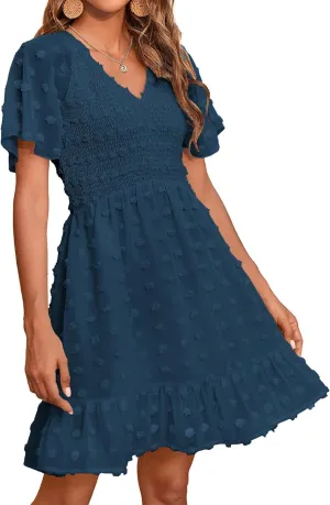 BTFBM Womens Beach Vacation Dress V Neck Short Sleeve Smocked Swiss Dot Casual Ruffle Mini Spring Summer Dresses 2025