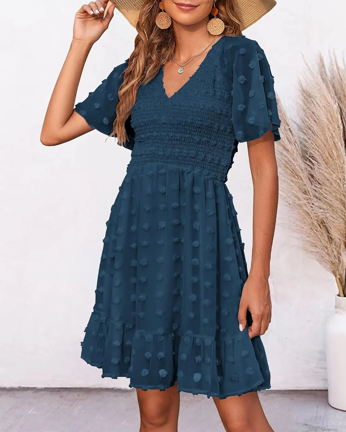 BTFBM Womens Beach Vacation Dress V Neck Short Sleeve Smocked Swiss Dot Casual Ruffle Mini Spring Summer Dresses 2025