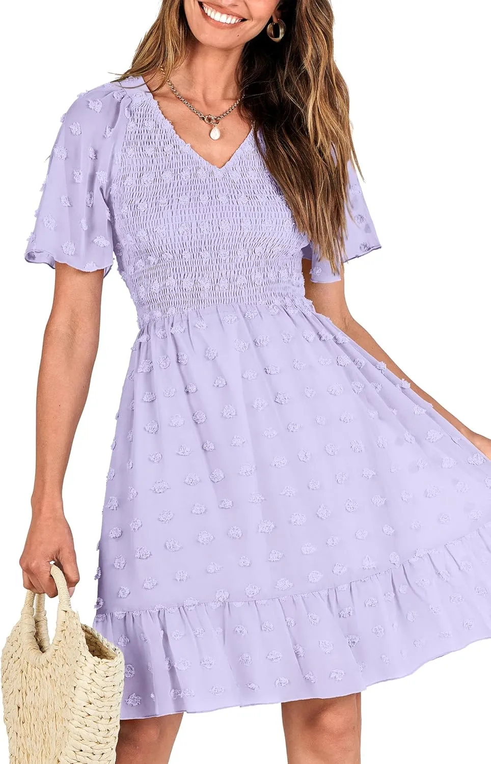 BTFBM Womens Beach Vacation Dress V Neck Short Sleeve Smocked Swiss Dot Casual Ruffle Mini Spring Summer Dresses 2025