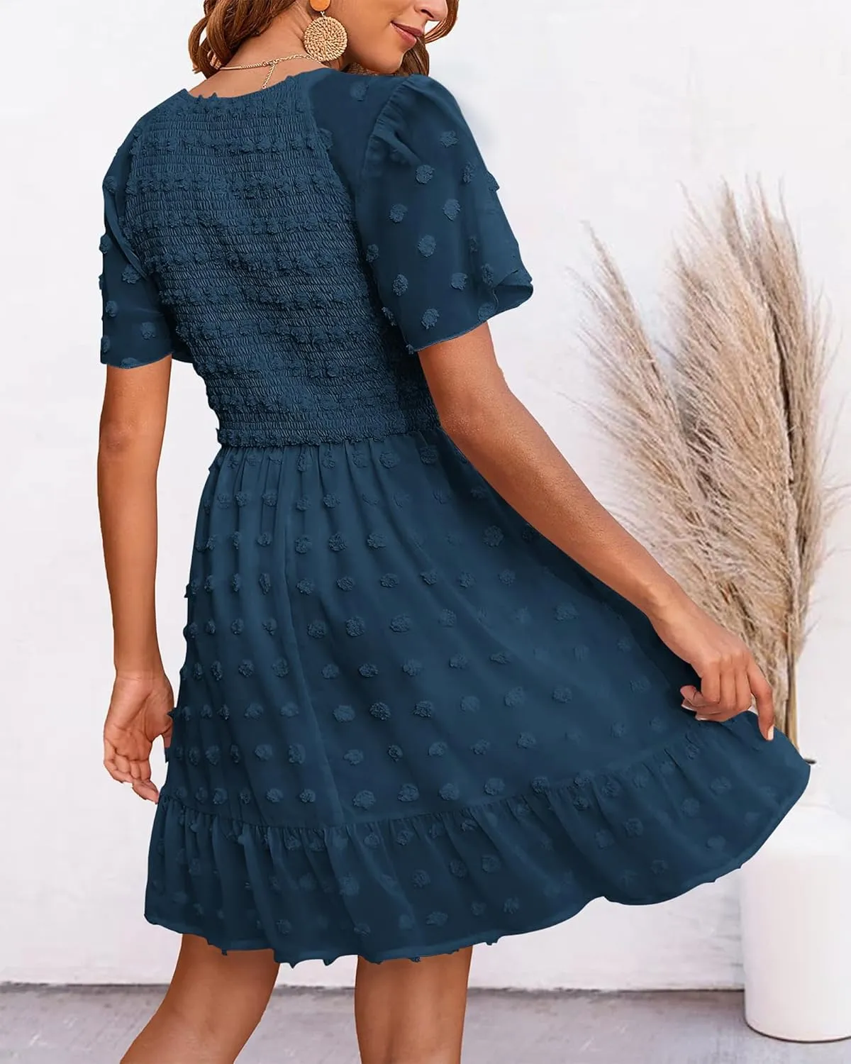 BTFBM Womens Beach Vacation Dress V Neck Short Sleeve Smocked Swiss Dot Casual Ruffle Mini Spring Summer Dresses 2025
