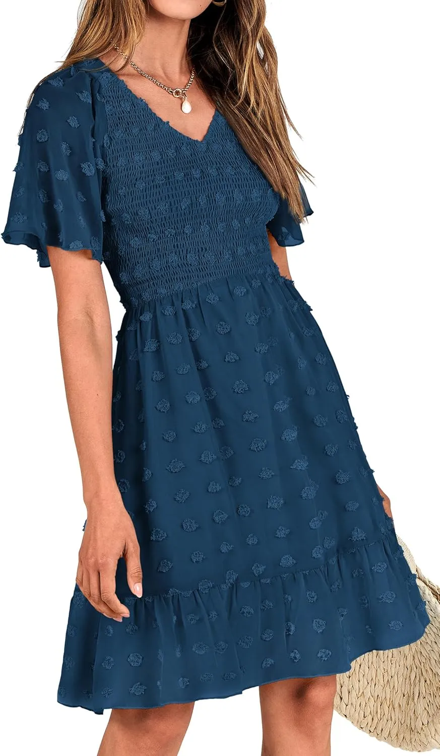 BTFBM Womens Beach Vacation Dress V Neck Short Sleeve Smocked Swiss Dot Casual Ruffle Mini Spring Summer Dresses 2025