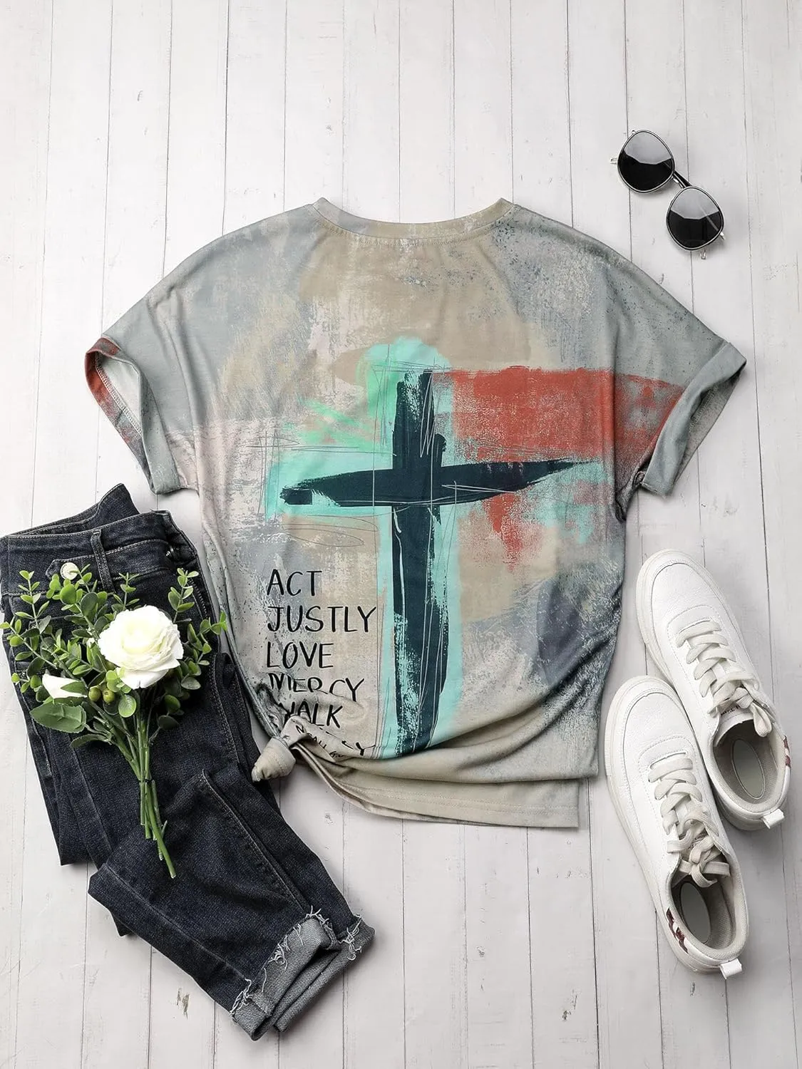 Christian T-Shirt Women Crewneck Short Sleeve Cross Letter Print Graphic Tops