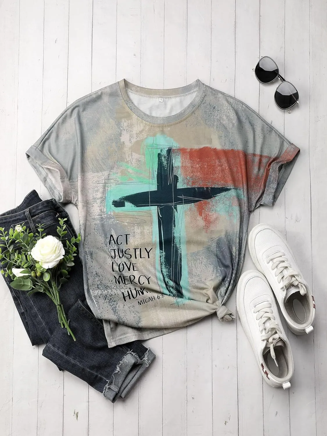 Christian T-Shirt Women Crewneck Short Sleeve Cross Letter Print Graphic Tops