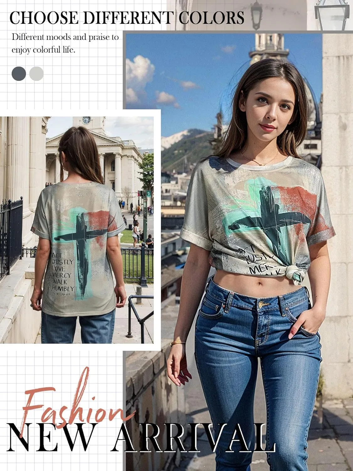 Christian T-Shirt Women Crewneck Short Sleeve Cross Letter Print Graphic Tops