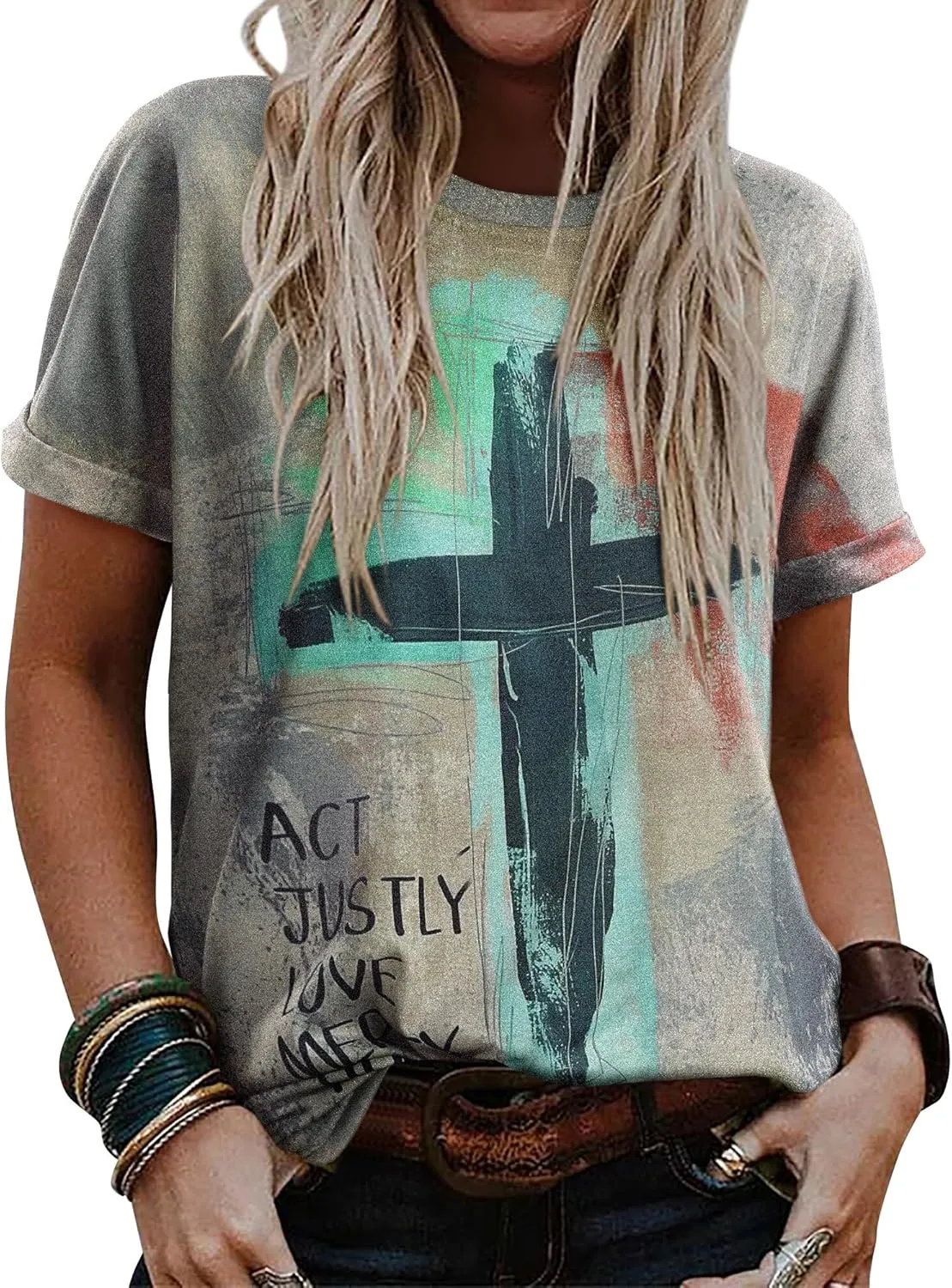 Christian T-Shirt Women Crewneck Short Sleeve Cross Letter Print Graphic Tops