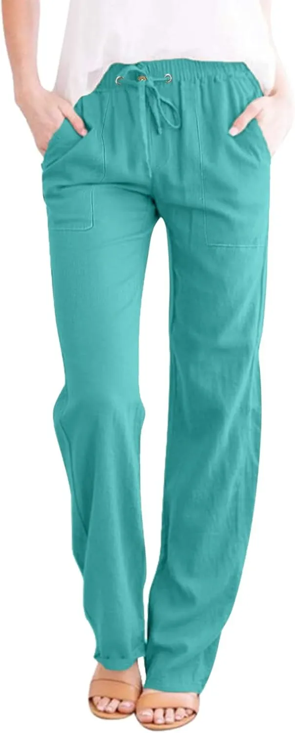 Cotton Linen Pants Women 2025 Casual Straight Leg Drawstring Elastic Hight Waist Trousers Pockets Loose Palazzo Pants