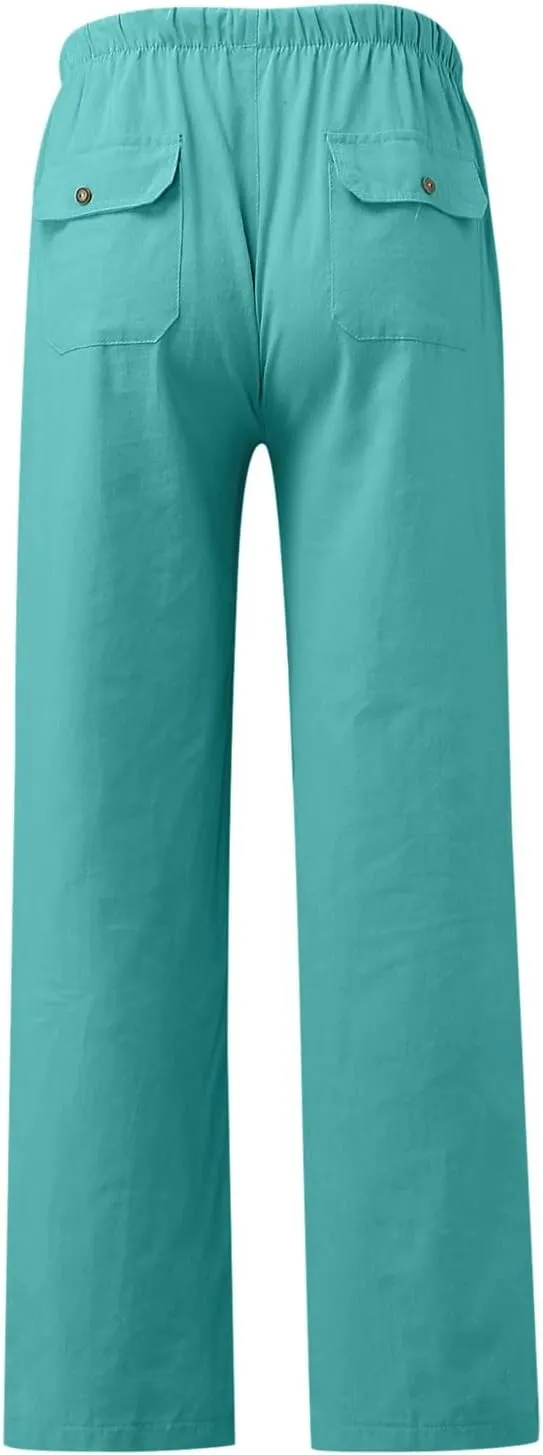 Cotton Linen Pants Women 2025 Casual Straight Leg Drawstring Elastic Hight Waist Trousers Pockets Loose Palazzo Pants