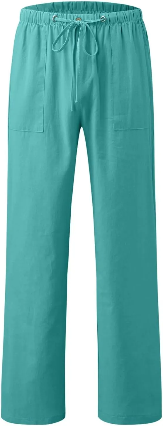 Cotton Linen Pants Women 2025 Casual Straight Leg Drawstring Elastic Hight Waist Trousers Pockets Loose Palazzo Pants