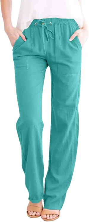Cotton Linen Pants Women 2025 Casual Straight Leg Drawstring Elastic Hight Waist Trousers Pockets Loose Palazzo Pants