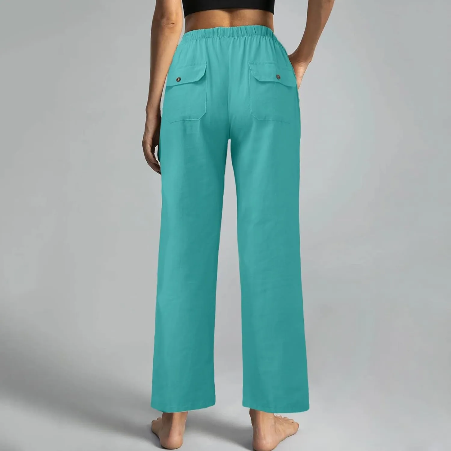 Cotton Linen Pants Women 2025 Casual Straight Leg Drawstring Elastic Hight Waist Trousers Pockets Loose Palazzo Pants