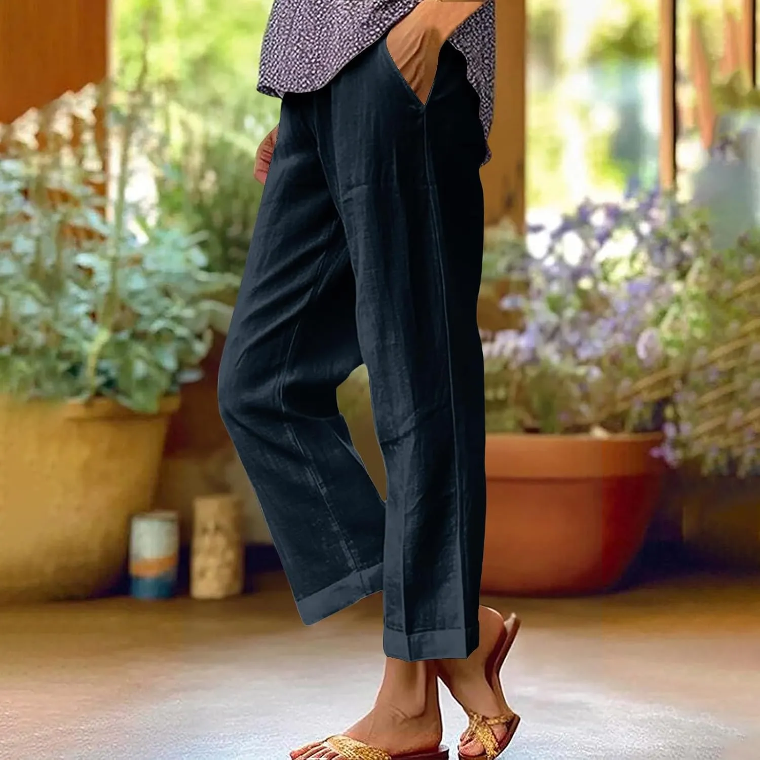 Cotton Linen Pants Women Elastic High Waist Straight Leg Lounge Pants Casual Slacks Summer Jogger Trouser with Pockets