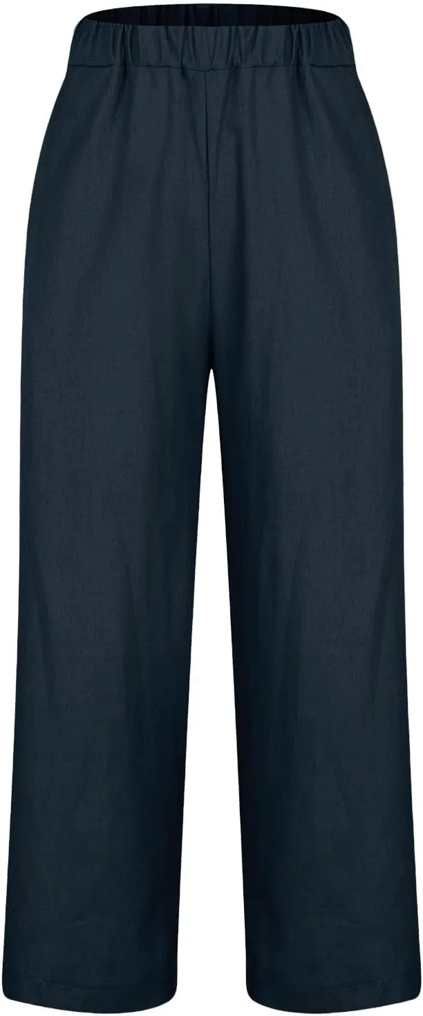 Cotton Linen Pants Women Elastic High Waist Straight Leg Lounge Pants Casual Slacks Summer Jogger Trouser with Pockets