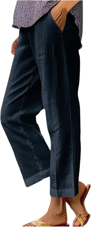 Cotton Linen Pants Women Elastic High Waist Straight Leg Lounge Pants Casual Slacks Summer Jogger Trouser with Pockets