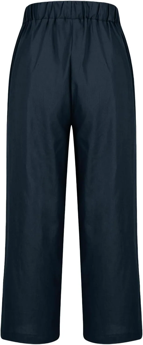 Cotton Linen Pants Women Elastic High Waist Straight Leg Lounge Pants Casual Slacks Summer Jogger Trouser with Pockets
