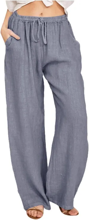 Cotton Linen Pants Women Summer Casual Wide Leg Loose Trousers Drawstring High Waist Palazzo Pants with Pocket