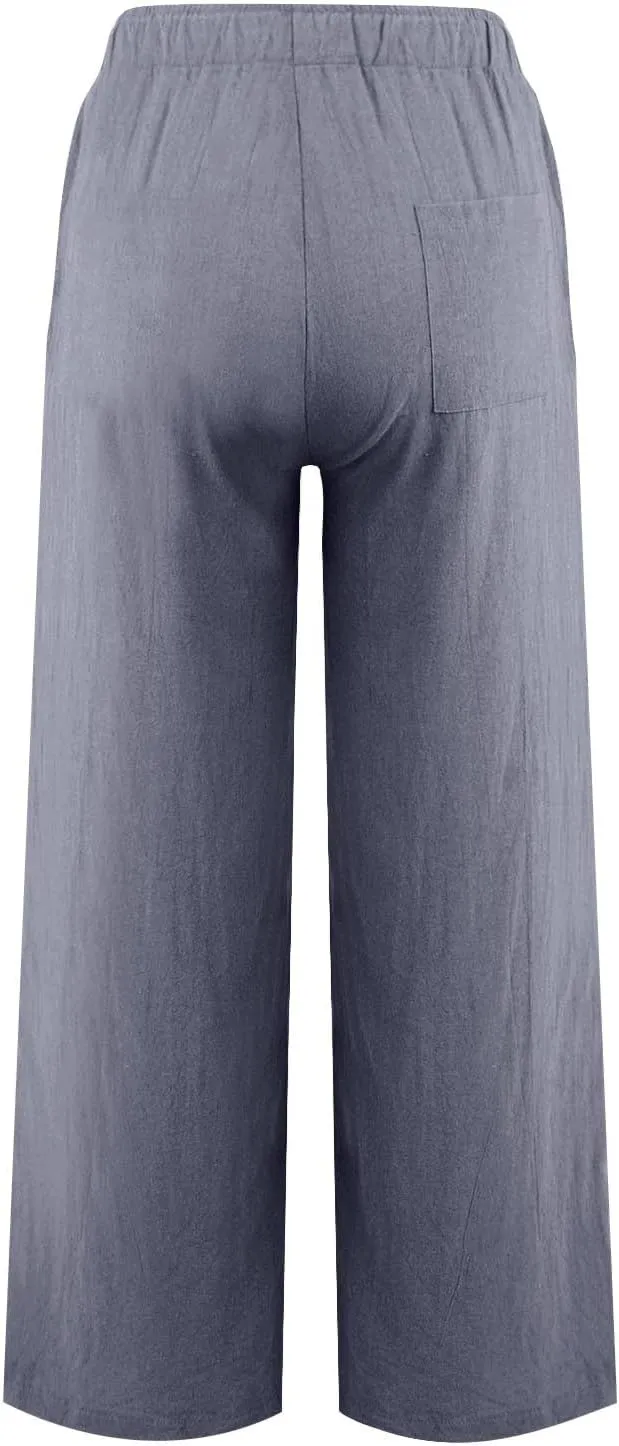 Cotton Linen Pants Women Summer Casual Wide Leg Loose Trousers Drawstring High Waist Palazzo Pants with Pocket