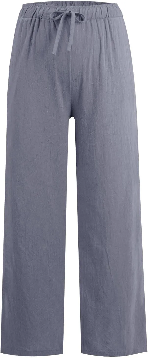 Cotton Linen Pants Women Summer Casual Wide Leg Loose Trousers Drawstring High Waist Palazzo Pants with Pocket