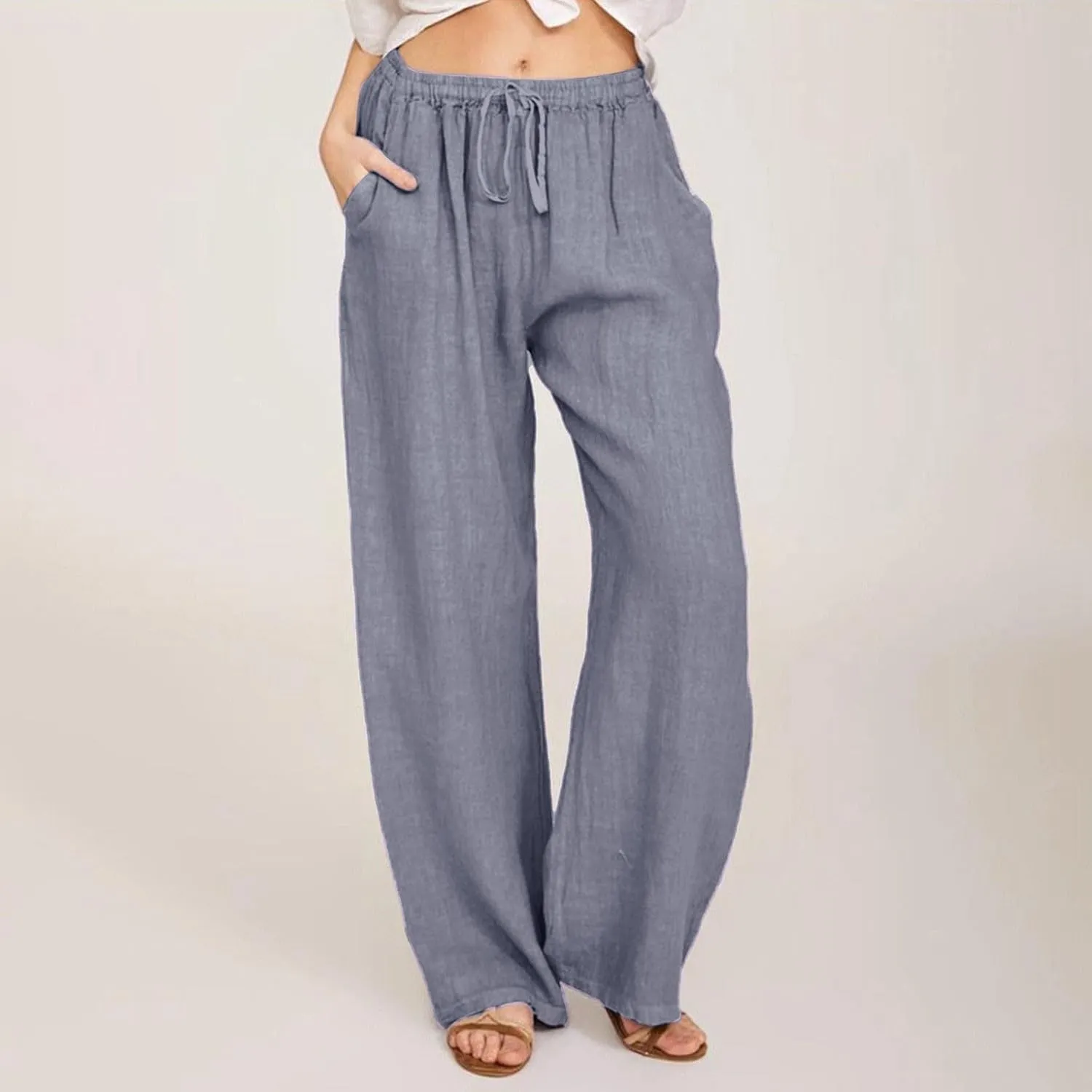 Cotton Linen Pants Women Summer Casual Wide Leg Loose Trousers Drawstring High Waist Palazzo Pants with Pocket