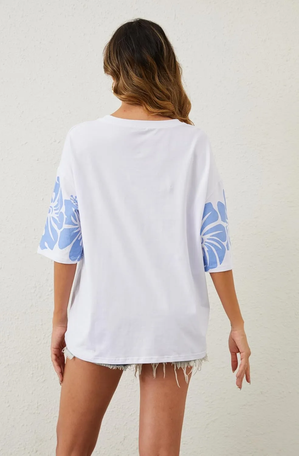 Cotton Oversized Hibiscus Tee Shirt for Women Floral Graphic Hawaiian T Shirts Casual Summer Vacation Loose Tops