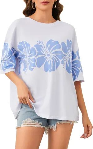 Cotton Oversized Hibiscus Tee Shirt for Women Floral Graphic Hawaiian T Shirts Casual Summer Vacation Loose Tops