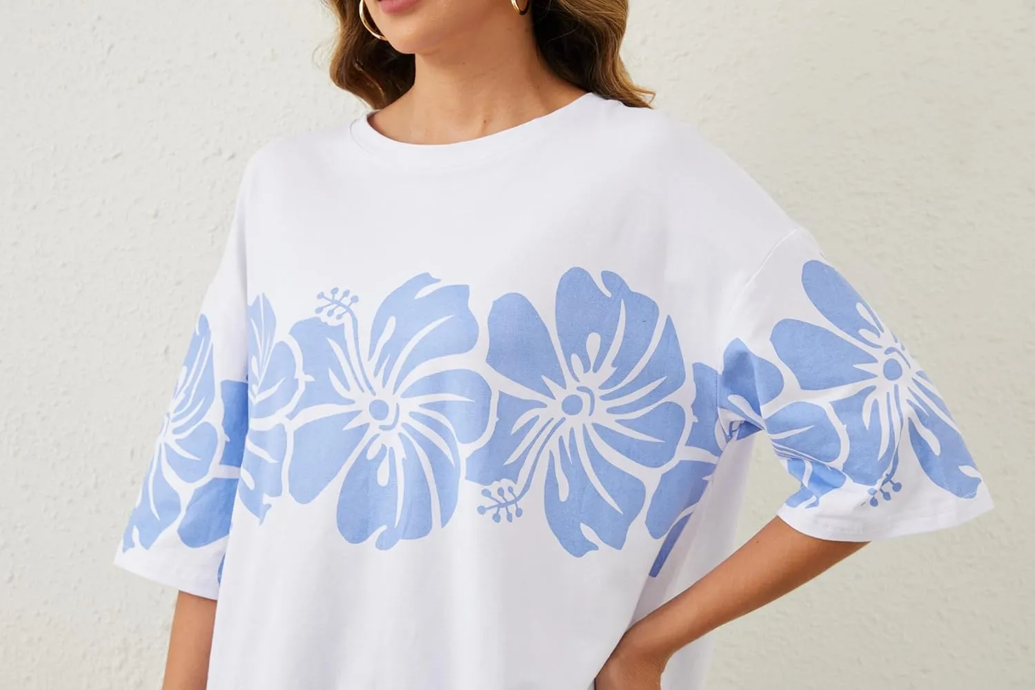 Cotton Oversized Hibiscus Tee Shirt for Women Floral Graphic Hawaiian T Shirts Casual Summer Vacation Loose Tops