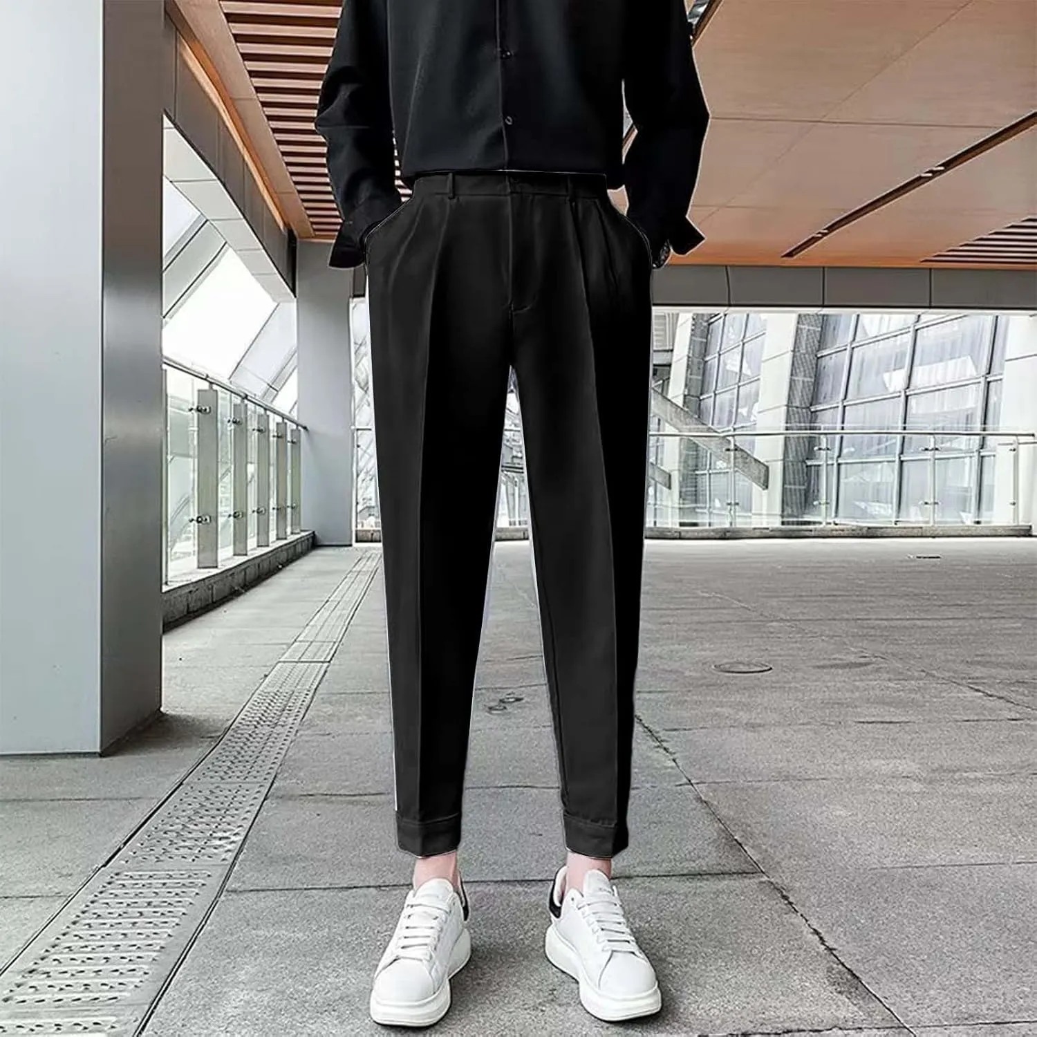 CRNTCEM Mens Straight Anckle Pants Spring Fall Flat-Front Formal Dress Pants Tapered Leg Casual Business Work Harem Trousers