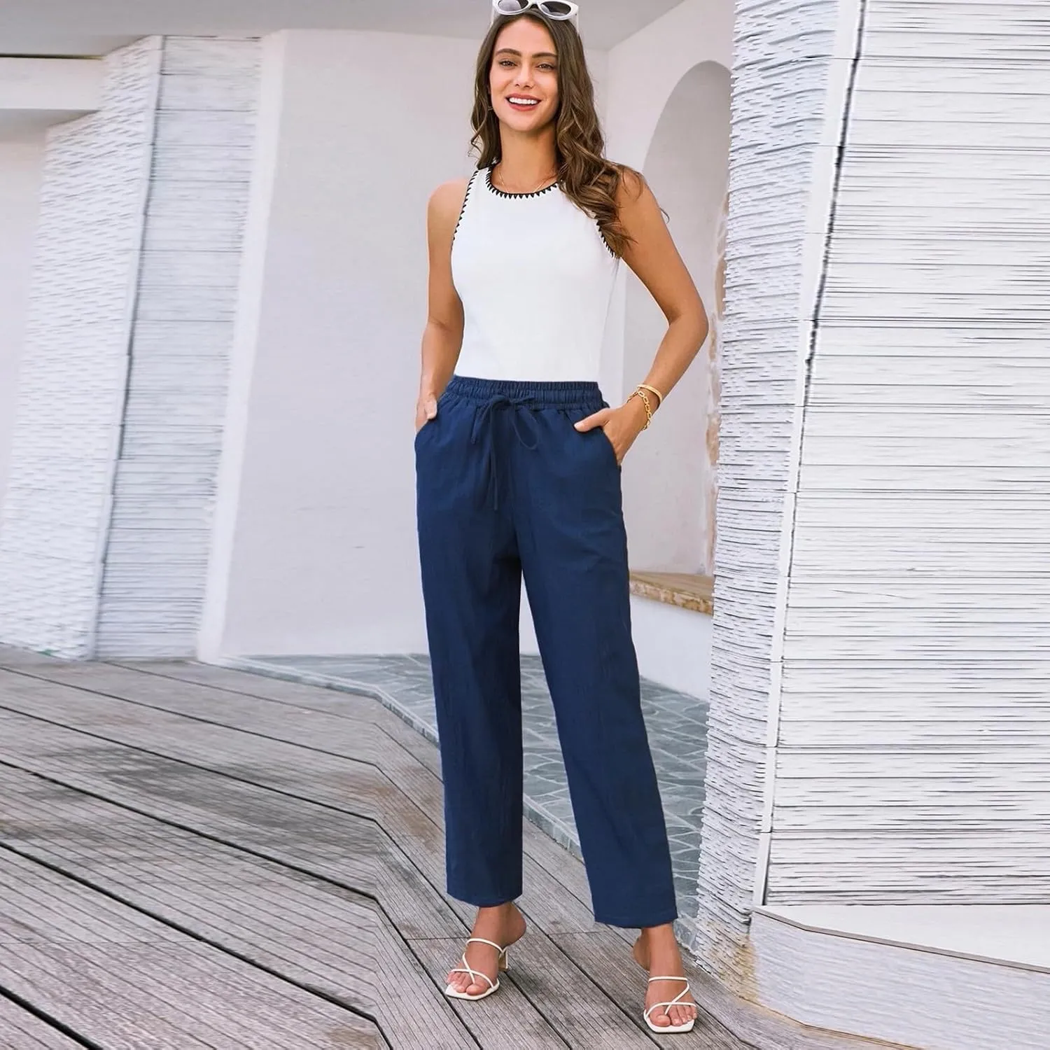 Cropped Linen Pants Women High Waist Wide Leg Casual Palazzo Pant with Pockets Beach Crop Trousers Summer Outfits