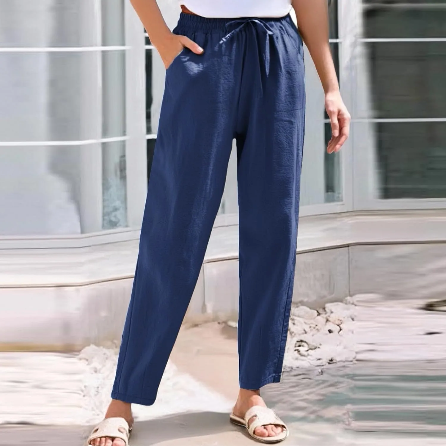 Cropped Linen Pants Women High Waist Wide Leg Casual Palazzo Pant with Pockets Beach Crop Trousers Summer Outfits