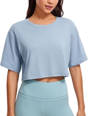 CRZ YOGA Women's Pima Cotton Workout Crop Tops Short Sleeve Yoga Shirts Casual Athletic Running T-Shirts