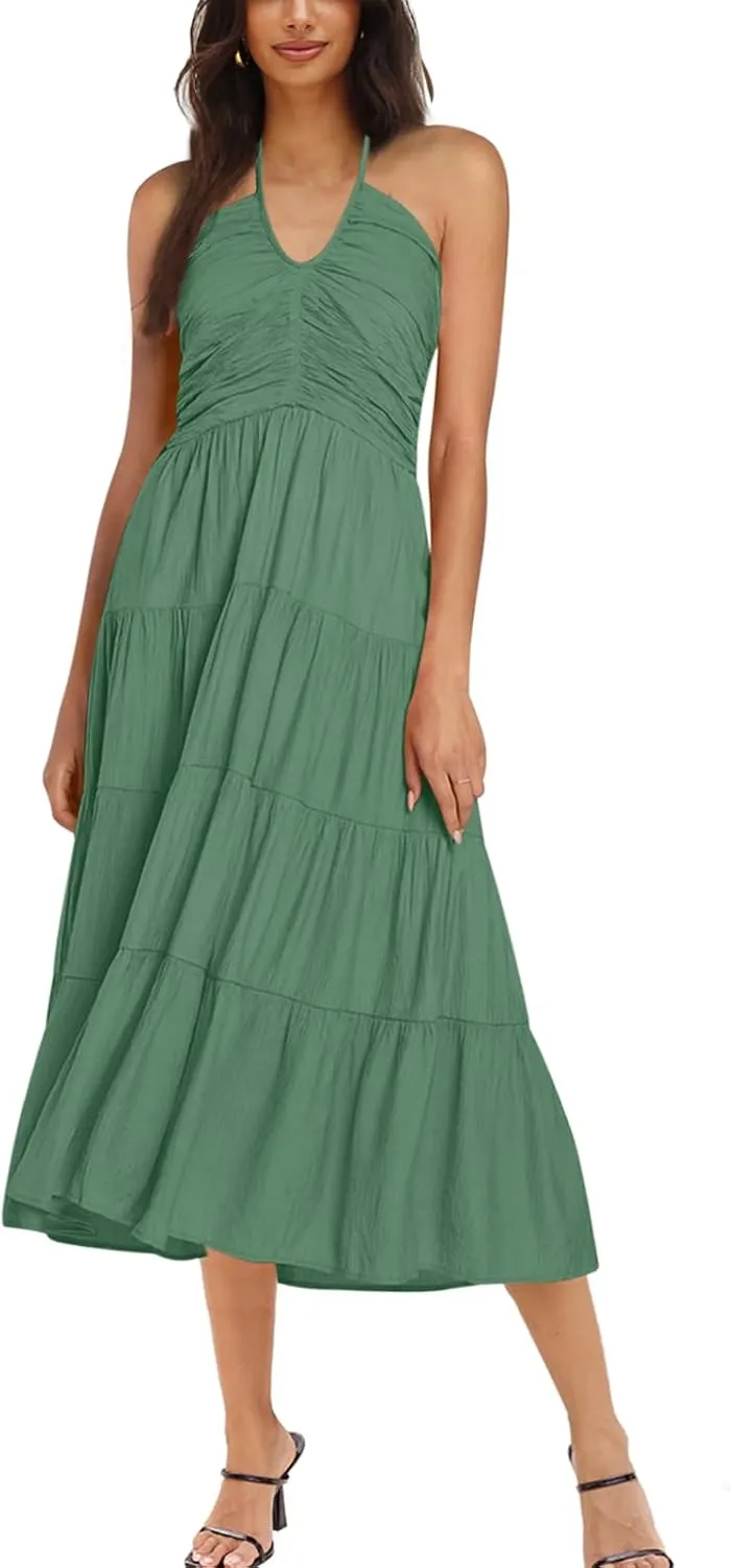 DEEP SELF Women's Summer Halter Smocked Midi Dress Sleevelesss V Neck Ruffle Tiered Swing Flowy A Line Beach Sundress