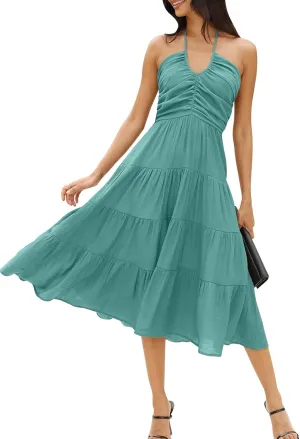 DEEP SELF Women's Summer Halter Smocked Midi Dress Sleevelesss V Neck Ruffle Tiered Swing Flowy A Line Beach Sundress