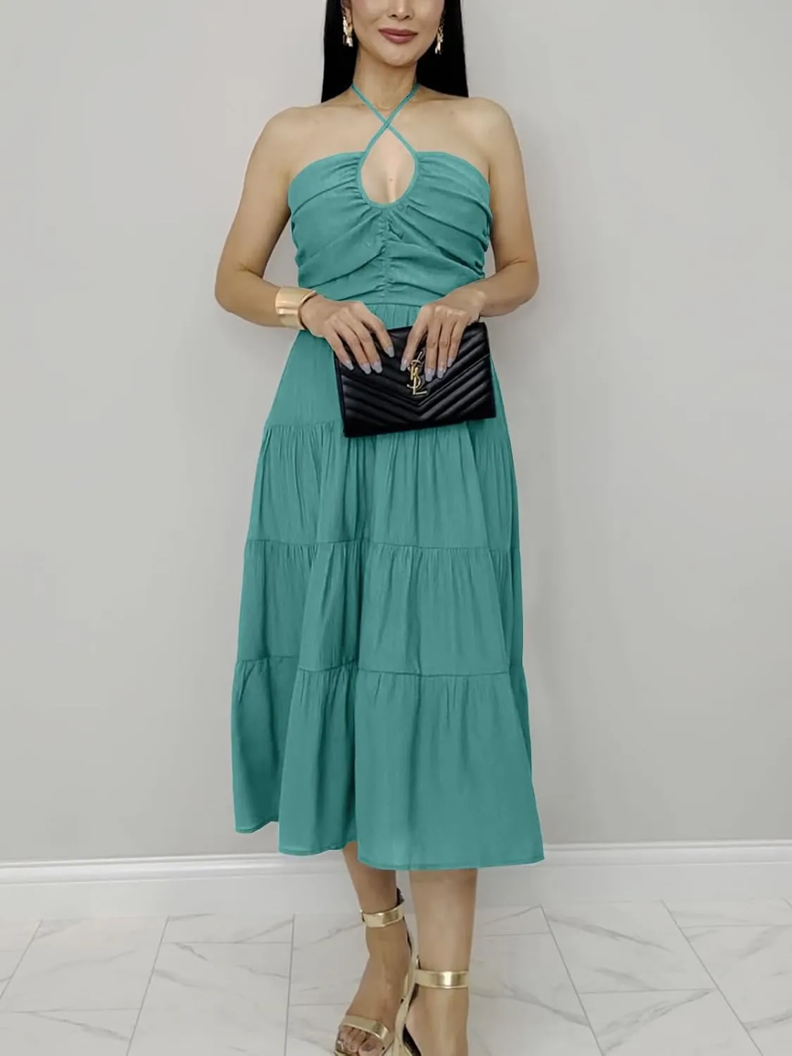 DEEP SELF Women's Summer Halter Smocked Midi Dress Sleevelesss V Neck Ruffle Tiered Swing Flowy A Line Beach Sundress