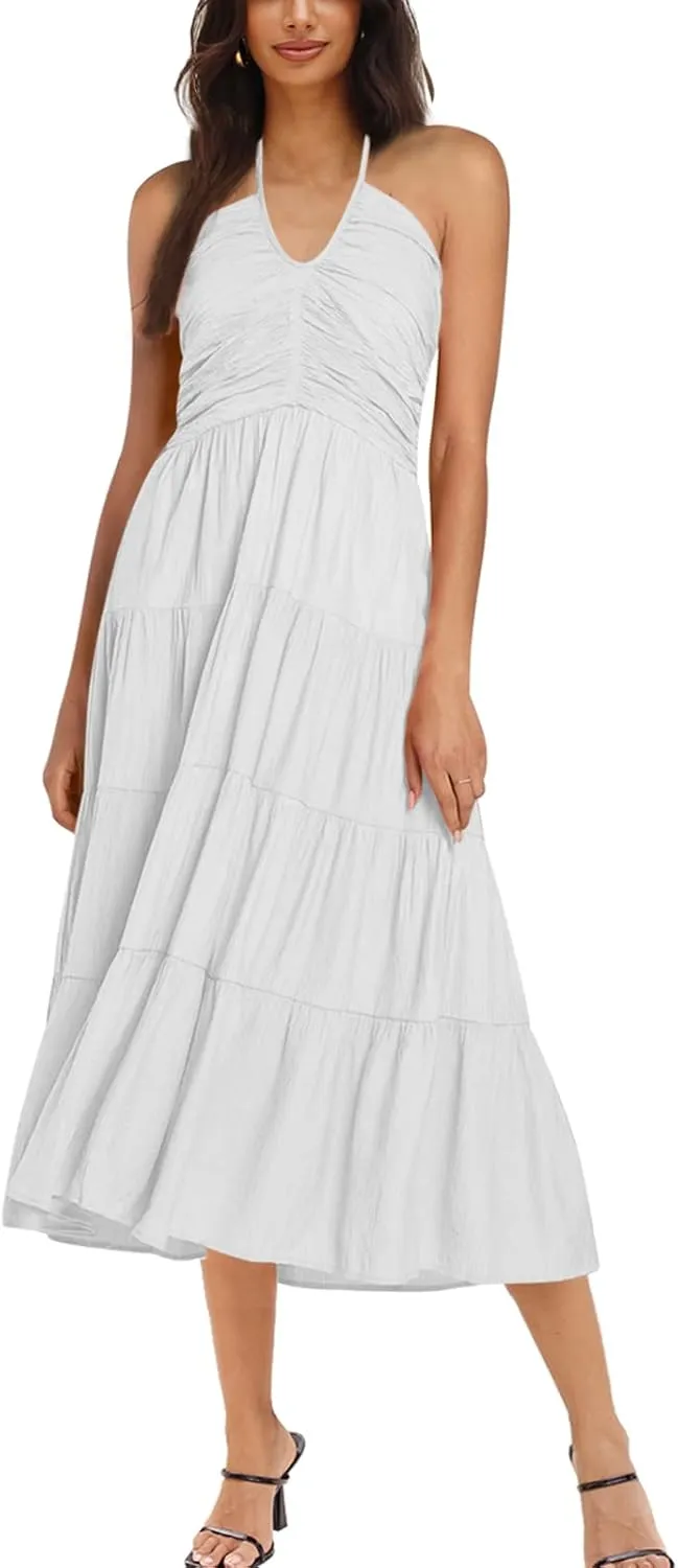 DEEP SELF Women's Summer Halter Smocked Midi Dress Sleevelesss V Neck Ruffle Tiered Swing Flowy A Line Beach Sundress
