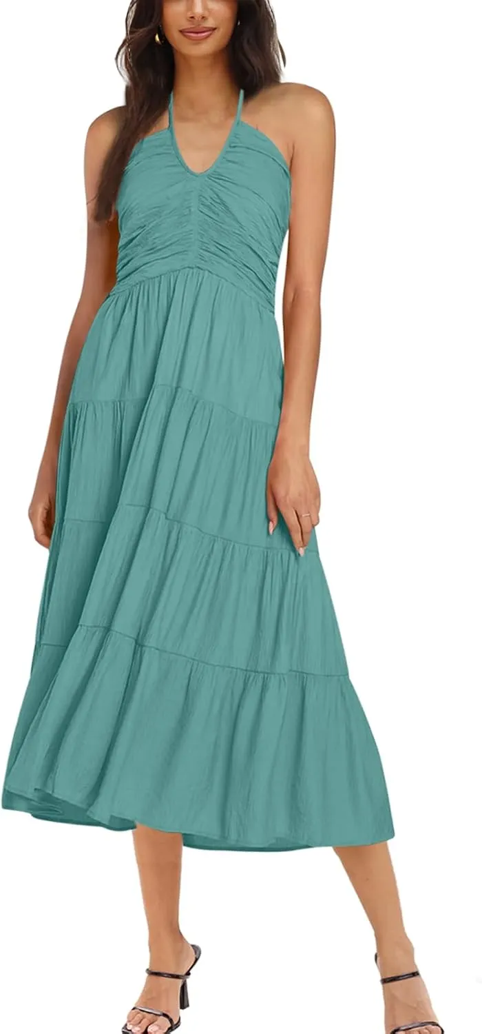 DEEP SELF Women's Summer Halter Smocked Midi Dress Sleevelesss V Neck Ruffle Tiered Swing Flowy A Line Beach Sundress